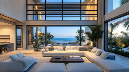 Modern Living Room Interior Design with Ocean View 3D Illustration