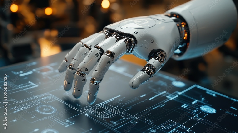 Poster a robotic hand interacting with a digital interface showcasing blueprints and designs.