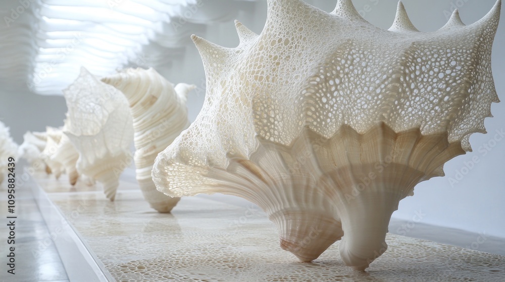 Poster a series of large, intricately designed shells displayed in a minimalist environment.