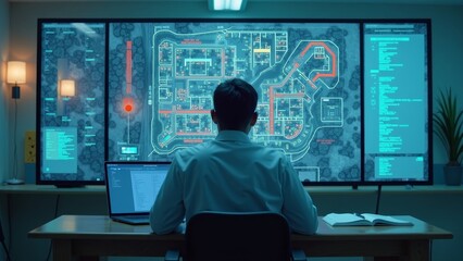 Doctor reviewing hospital evacuation map on large screen, focus on safety protocols and planning