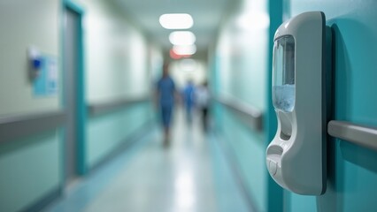 Automatic hand sanitizer dispenser at hospital ward, promoting infection prevention