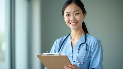 Smiling female healthcare professional holding clipboard in soft lighting, hospital setting