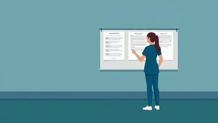 Hospital staff member reviewing safety protocols on bulletin board with copyspace for updates