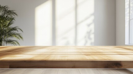 Fototapeta premium Wooden table with blurred wall background, for display or montage your products. Mockup for display of product.