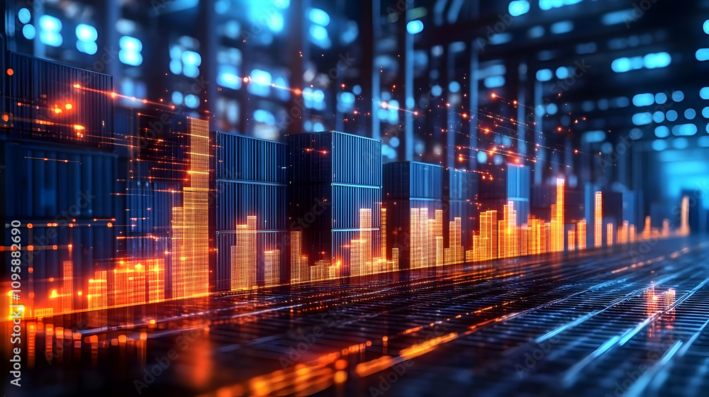 Poster abstract 3d illustration of shipping containers with data visualization
