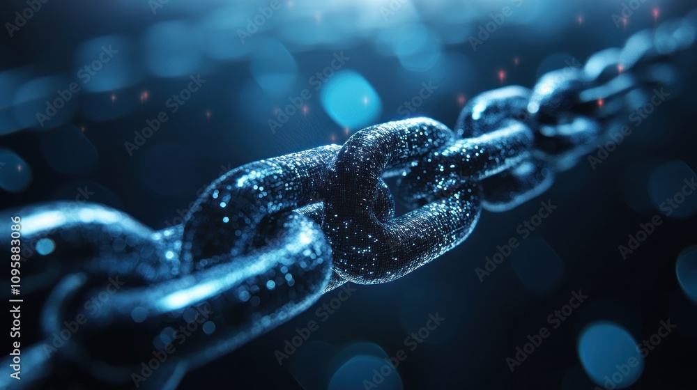 Poster a close-up of a metallic chain link, illuminated with soft blue lighting and bokeh effects.