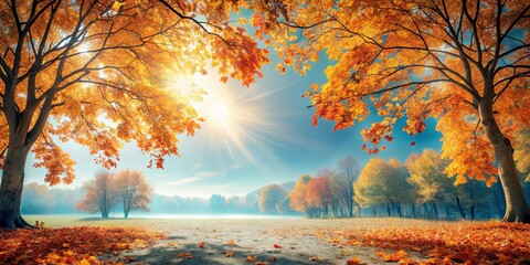 Autumnal Sunlight Illuminates a Picturesque Landscape of Golden Trees and Fallen Leaves