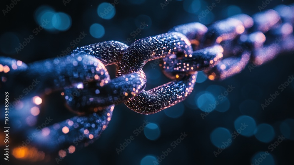 Poster a close-up of a metallic chain link with a bokeh background, highlighting texture and depth.