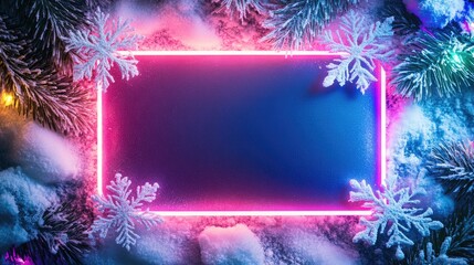 Colourful Christmas neon frame with snowflakes, copy space for text. Festive winter New Year holiday season background