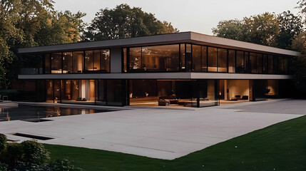 Modern Glass House with Pool and Lawn - Architectural Design
