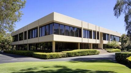 Classic 1960s Office Building in Clear Blue Sky