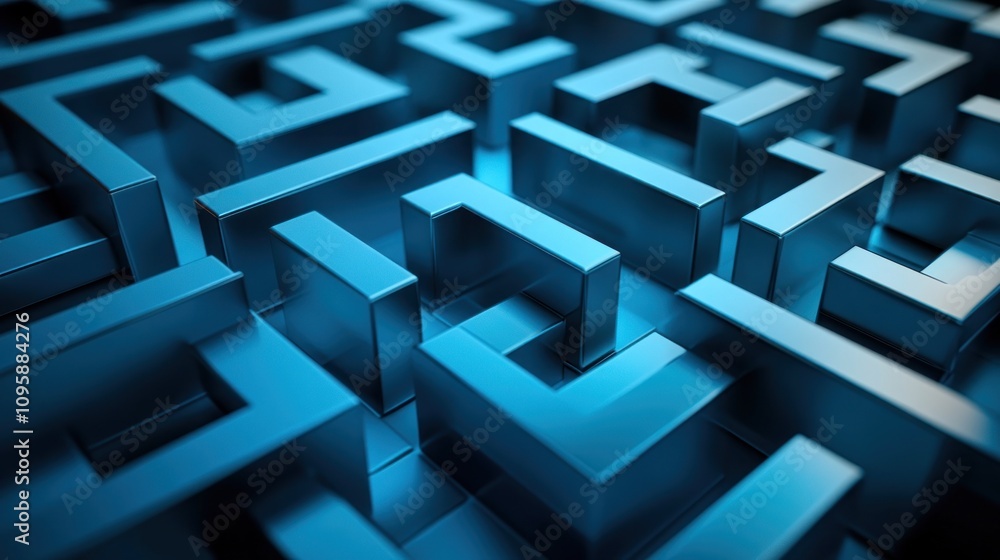Poster a close-up view of a complex 3d maze structure in a vibrant blue color.