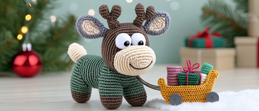 Adorable Crochet Reindeer Pulling Christmas Sleigh with Gifts