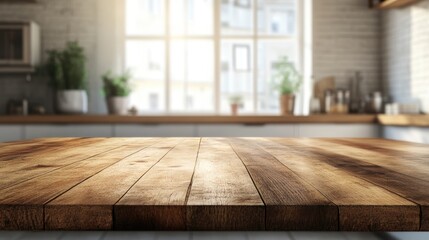 Empty beautiful wood tabletop counter on interior in clean and kitchen with bokeh bright background. Ready for display, product montage.