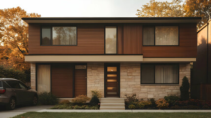 Obraz premium Modern Brown Wooden House with Stone Facade - Photo