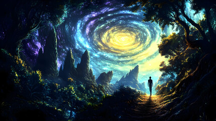 Fantasy Forest Illustration with Swirling Galaxy