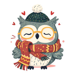 Fototapeta premium Cute Owl in Winter Hat and Scarf Illustration