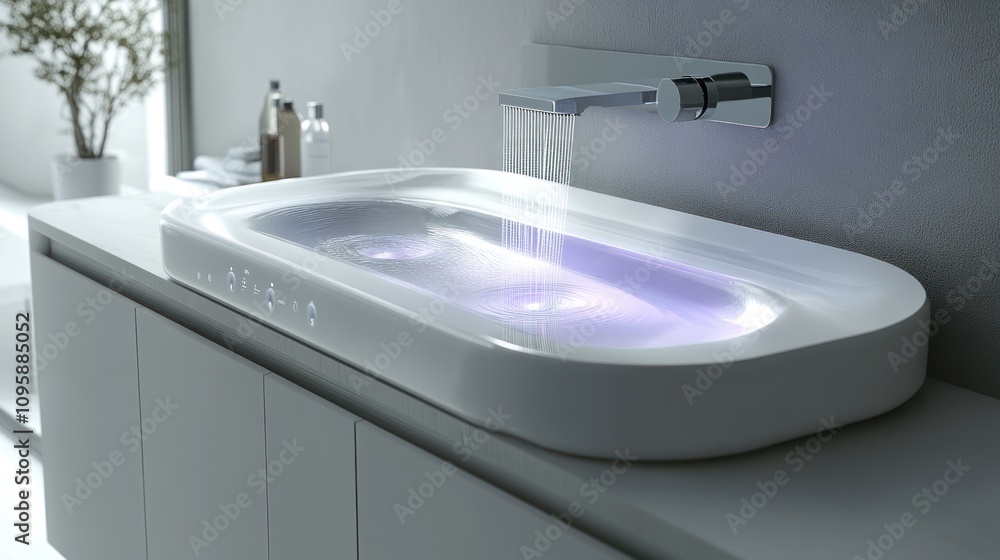 Poster modern bathroom sink with ambient lighting and sleek design for relaxation and functionality.