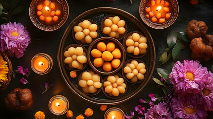 Indian Sweets on a Tray with Flowers and Candles - Photo