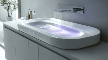Fototapeta premium Modern bathroom sink with ambient lighting and sleek design for relaxation and functionality.