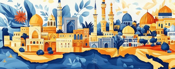 A vibrant, colorful illustration of a cityscape featuring domes, minarets, and lush foliage, evoking a sense of cultural richness and beauty.