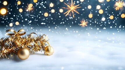 Close-up of a New Year's billboard wrapped in tinsel, snowy background, fireworks, isolated on white background
