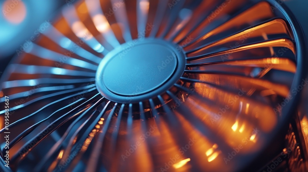Poster close-up of a fan's blades with warm lighting, illustrating its design and functionality.