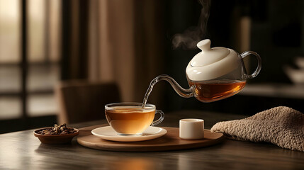 Tea Pot Pouring Tea Into Cup on Table - Realistic Image