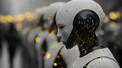 A row of humanoid robots with glowing digital patterns, suggesting advanced technology.