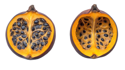 Intriguing Cross-Section of a Tropical Fruit Featuring Unique Seeds and Vibrant Colors