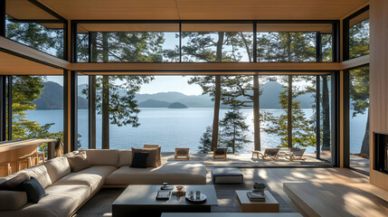 Living Room with View of Lake and Mountains - Photo