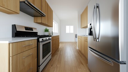 Fototapeta premium Modern kitchen design residential home interior photography bright atmosphere wide angle contemporary living