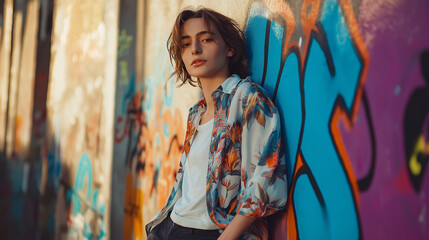 Fototapeta premium Model in casual button-up shirt, rolled sleeves, leaning against a graffiti-covered wall - Urban and edgy, soft light