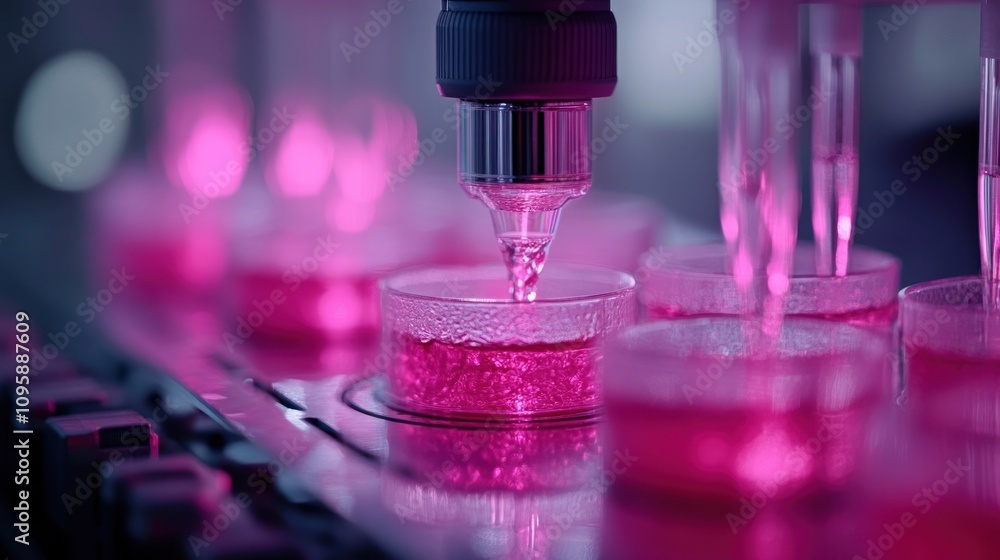 Poster a laboratory setting with pipetting into petri dishes filled with a vibrant pink solution.