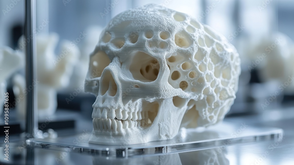 Poster a detailed 3d-printed skull model displayed in a laboratory setting.
