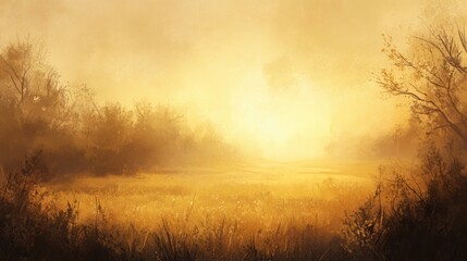 Fototapeta premium Golden sunrise sky over a misty field, with warm light breaking through the horizon