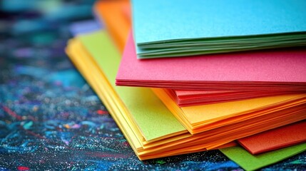 A stack of colorful construction paper sheets spread out on a craft table