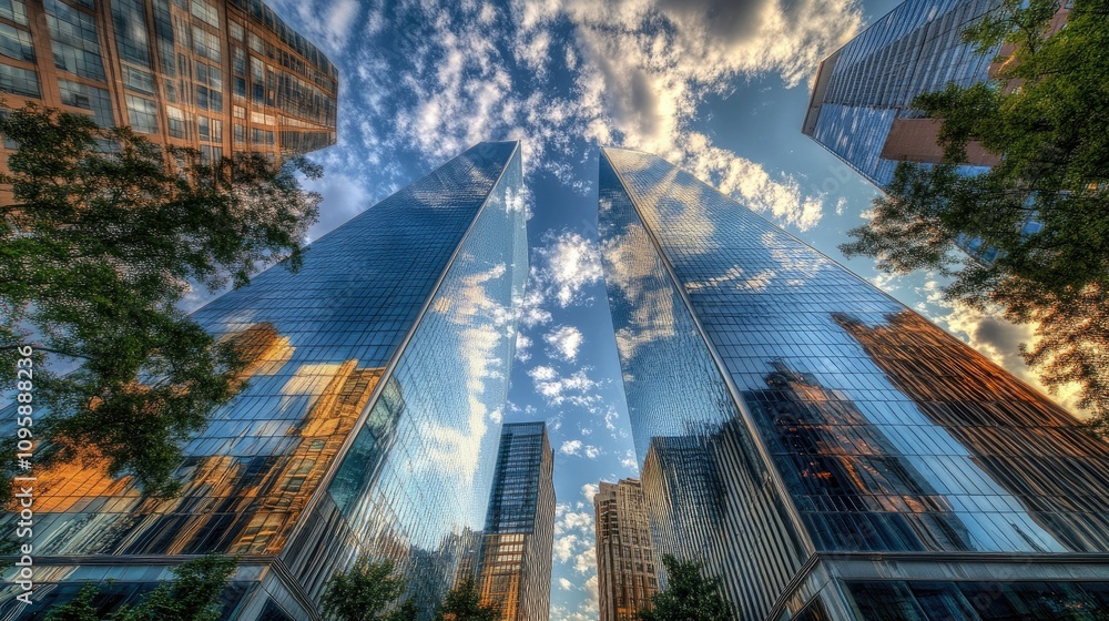 Poster low angle view of sharp angular skyscrapers