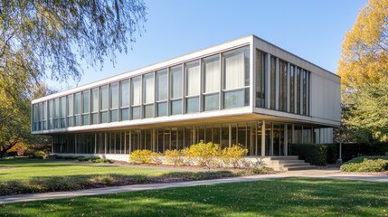 Fototapeta premium Modern Mid-Century Office Building with Landscape