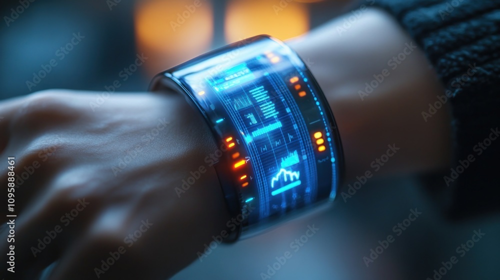 Aufkleber futuristic smartwatch displaying data and analytics on a transparent screen.