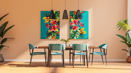 A modern dining room with a turquoise wall mockup, displaying vibrant tropical art. Background in light tan.