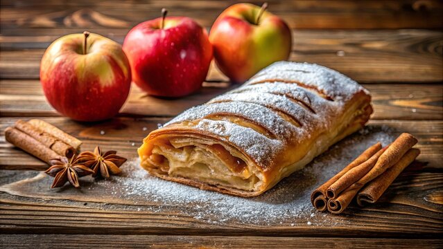 Apple strudel with powdered sugar, cinnamon sticks, and star anise on a rustic wooden table