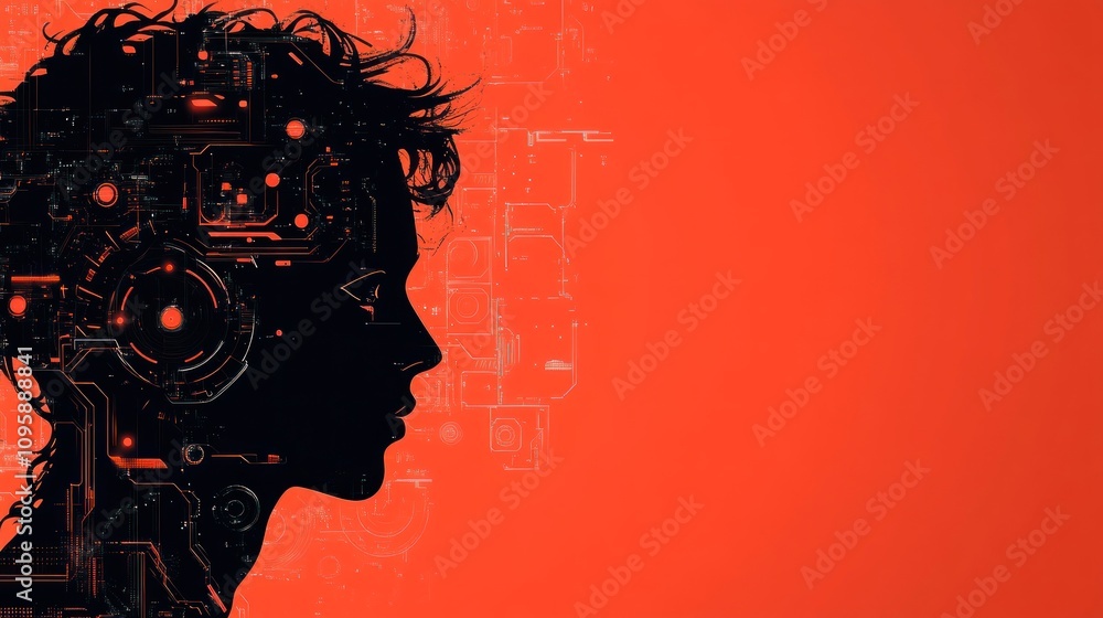 Poster a silhouette of a head filled with circuit patterns against a red background, symbolizing technology
