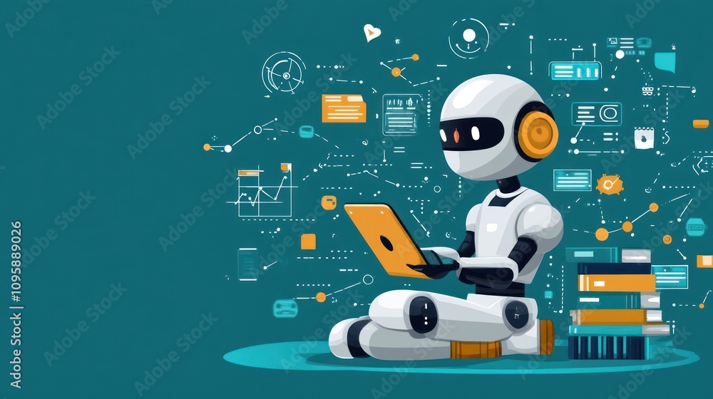 Poster a cartoon robot working on a laptop surrounded by data visuals and books.
