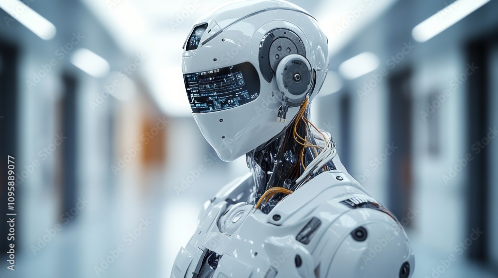 Poster a futuristic humanoid robot with a sleek design, showcasing advanced technology and features.