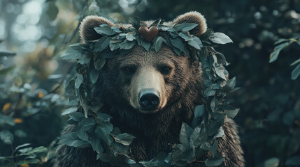Fototapeta premium Enchanted Forest Bear with Heart-Shaped Crown of Leaves, Majestic Creature Surrounded by Nature's Beauty Captured in a Mystical Setting