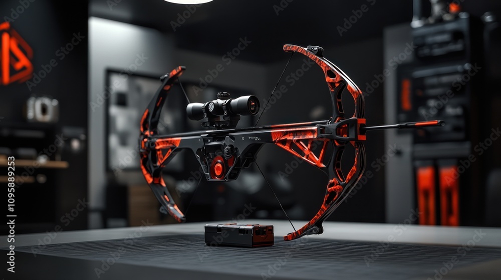 Poster a modern crossbow displayed on a table, showcasing its sleek design and advanced features.
