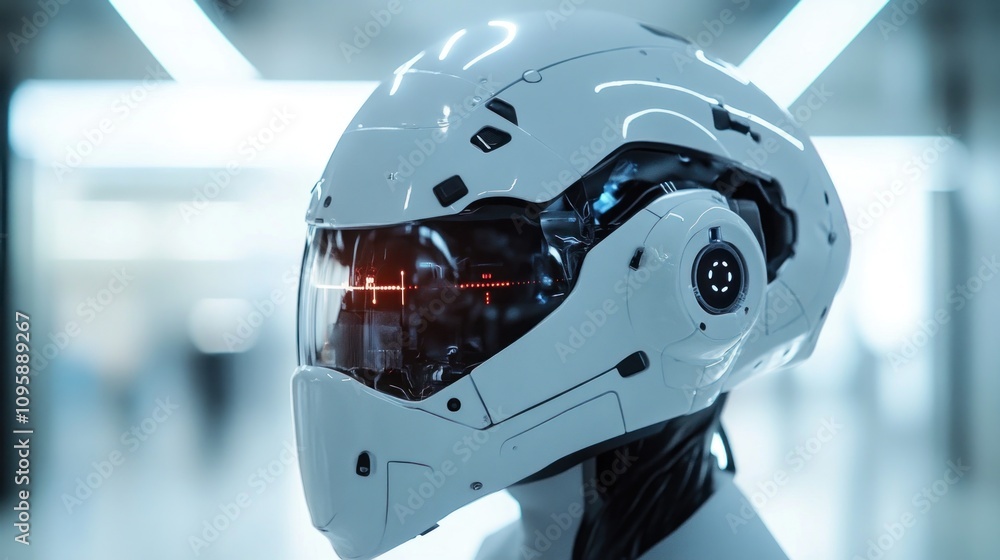 Poster a futuristic white robotic helmet with advanced features and a sleek design.