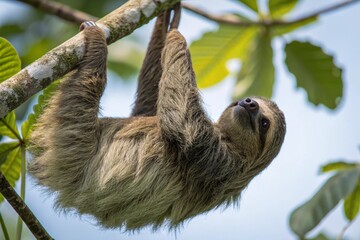 A three-toed sloth hangs upside down from a slender tree branch, its long, coarse fur draping around it.