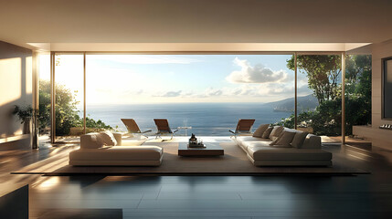 Modern Living Room with Ocean View 3D Illustration